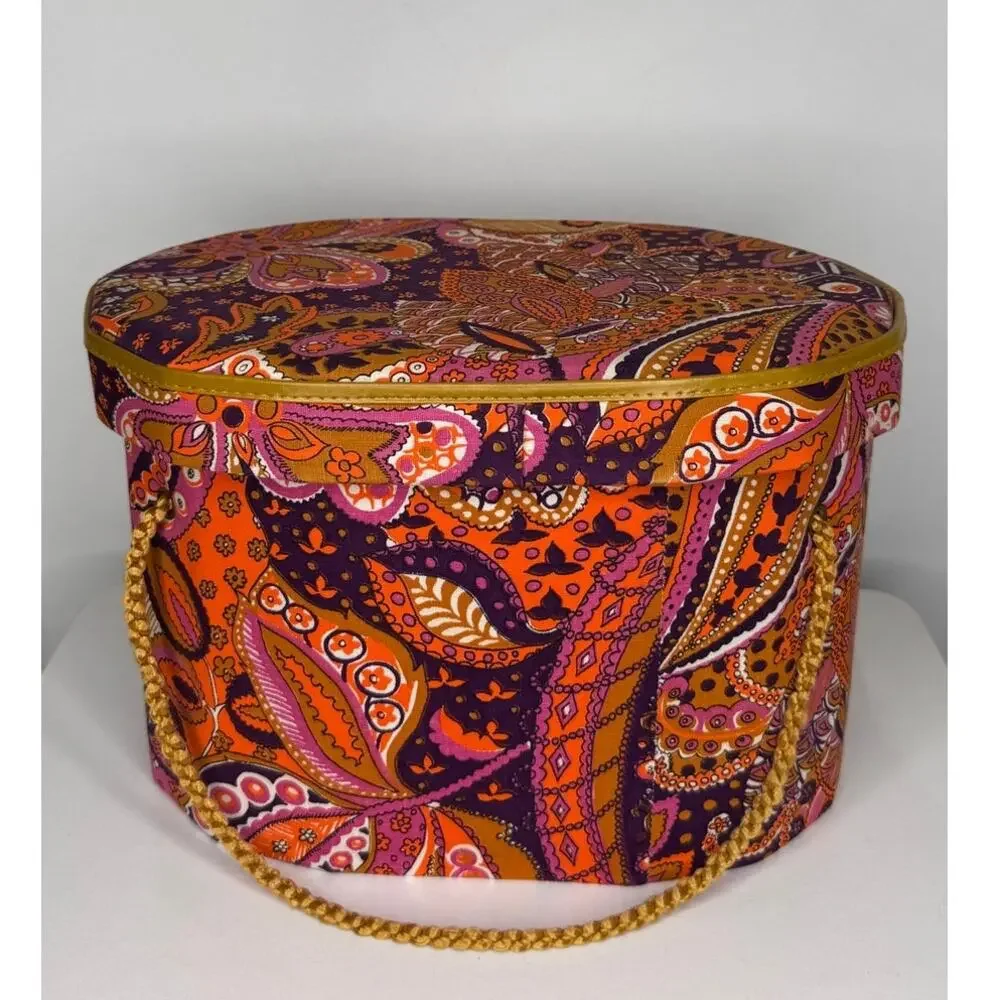 1960s Psychedelic Paisley Wig Case Hat Box Vanity Storage Mod Orange Pink